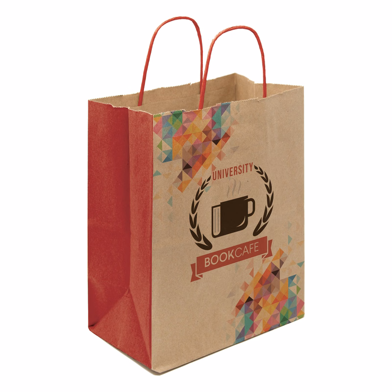 Multi-Sided Full Color Natural Shopper Paper Bag - Red Handle (8.25 x 10.25 x 5)