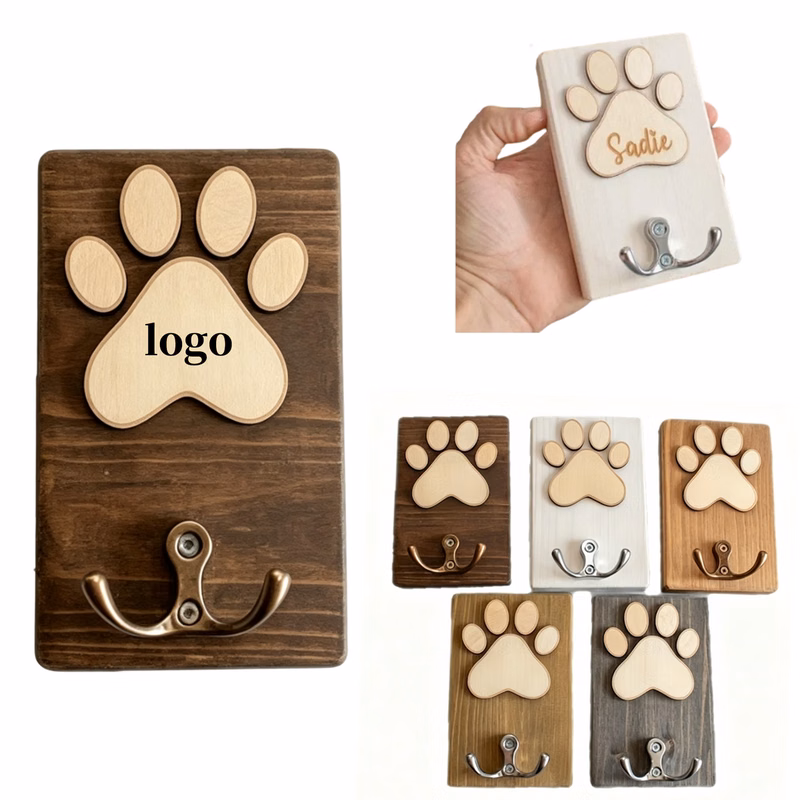 Wooden Paw Print Dog Leash Hook