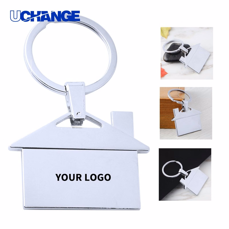 Metal House Shape Key Ring Keychain with Laser Detail 4" x 1" x 0.1"