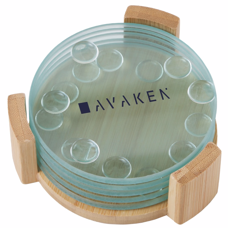 Round Glass Coasters: 5 Piece Set with Wood Stand