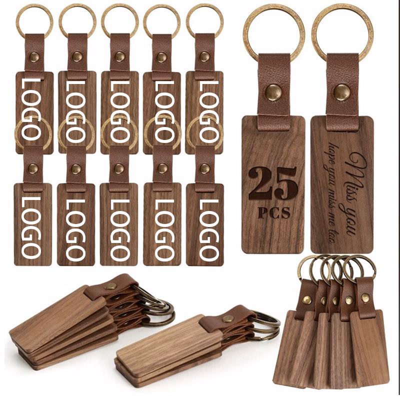 Elegant Wooden Keychain with Leather Strap - Personalized Engraving