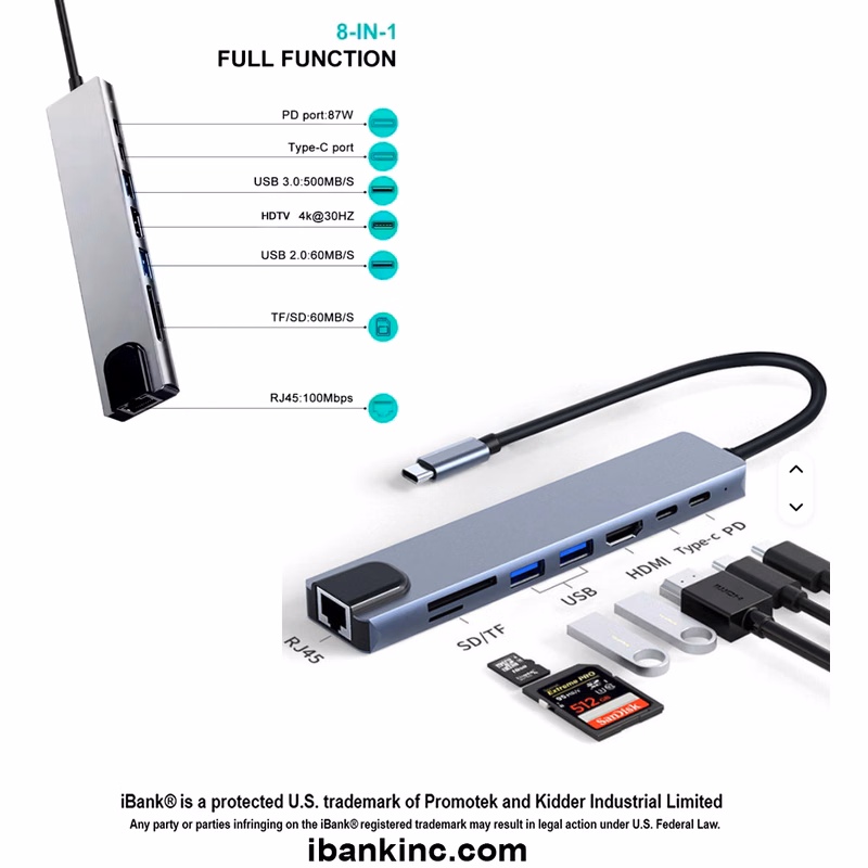 iBank ® 8 in 1 USB-C Hub Type C HDMI Adapter