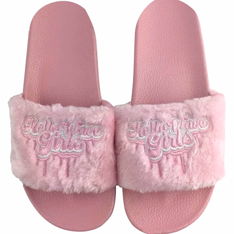 PVC Slides with Plush Embroidered Strap