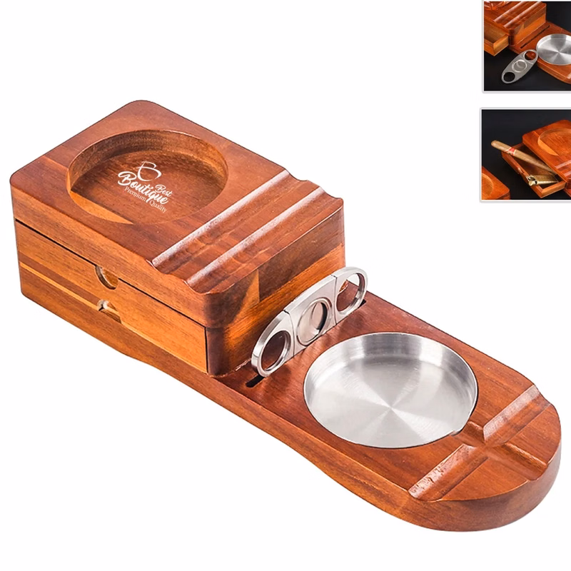 Wooden Cigar Humidor Ashtray Coaster Whiskey Glass Tray Set