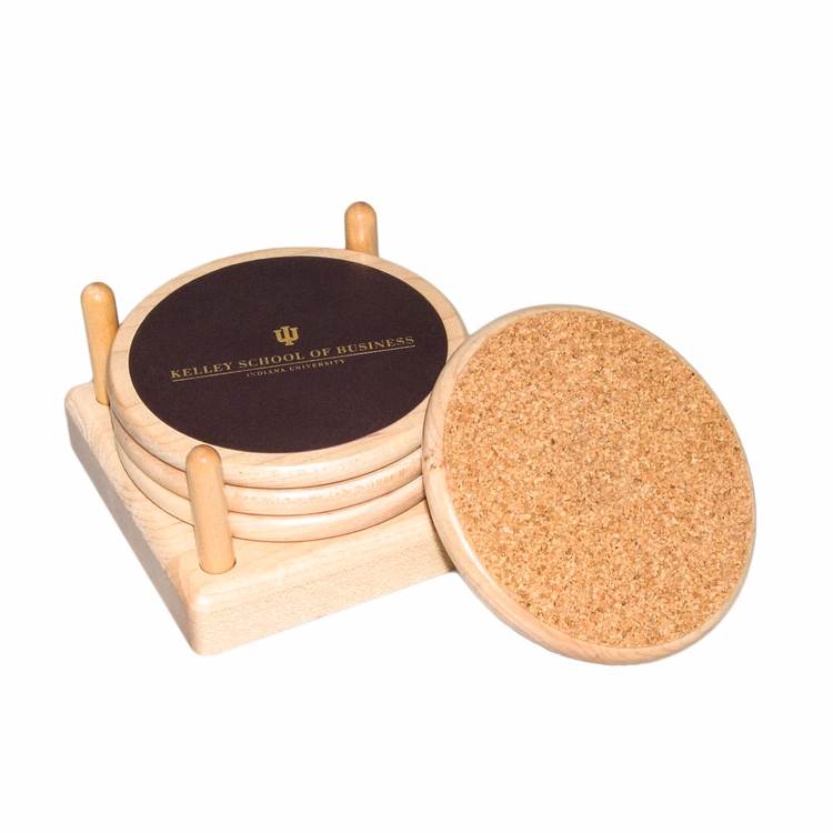 Round Wood 4 Coaster Set with Leather Inlay