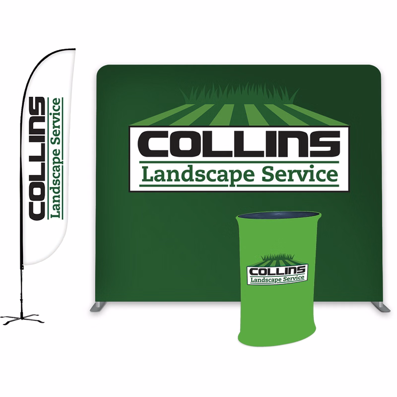 8ft Display Wall, 12ft Feather Flag & Pop-Up Podium Table
