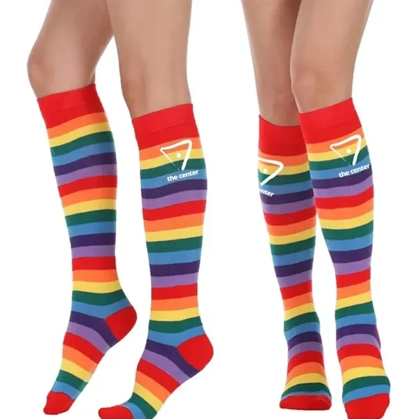 Custom Over the Calf Pride Rainbow Stripe Socks — Inclusive Corporate Giveaway 1