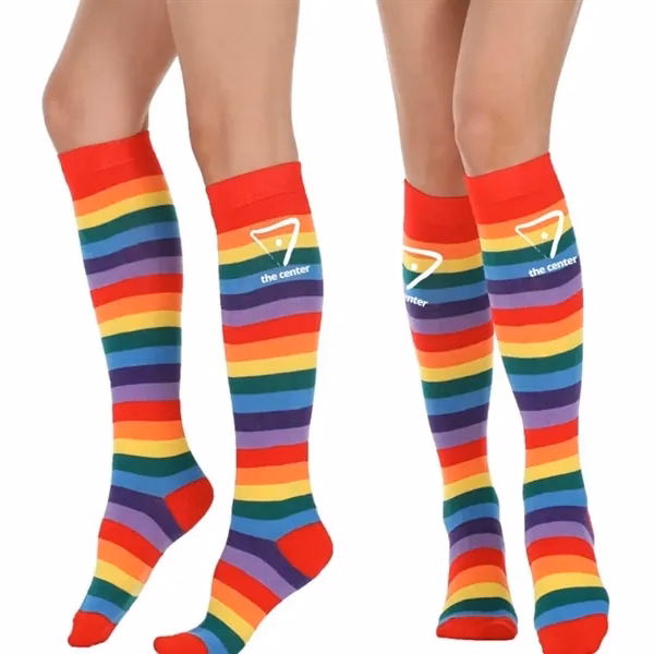 Custom Over the Calf Pride Rainbow Stripe Socks — Inclusive Corporate Giveaway