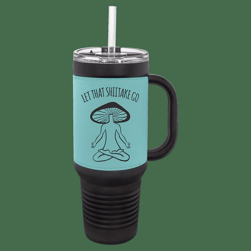 Polar Camel 40 oz. Black with Teal Laserable Leatherette Travel Mug with a Handle, Straw Included
