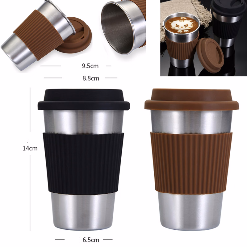 Portable Stainless Steel Coffee Tea Mug With Silicone Lids And Sleeves