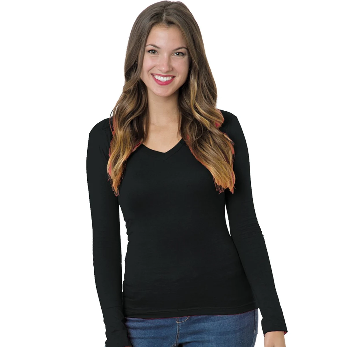 Women's USA-Made Deep V-Neck Long Sleeve T-Shirt - 3415 1