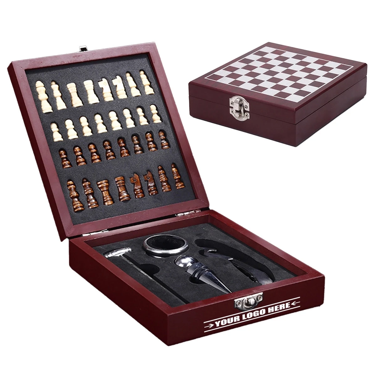 Black Wooden Box Wine Accessories With Chess Set 1