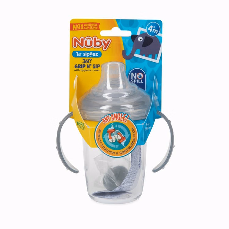 Nuby Grip N' Sip Cups - Hygienic Cover 360 Weighted Straw Gray