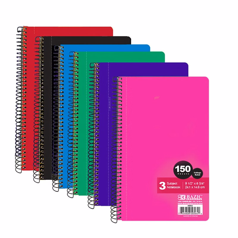 3 Subject Medium Sized Spiral Notebooks - College Ruled Assorted Colors