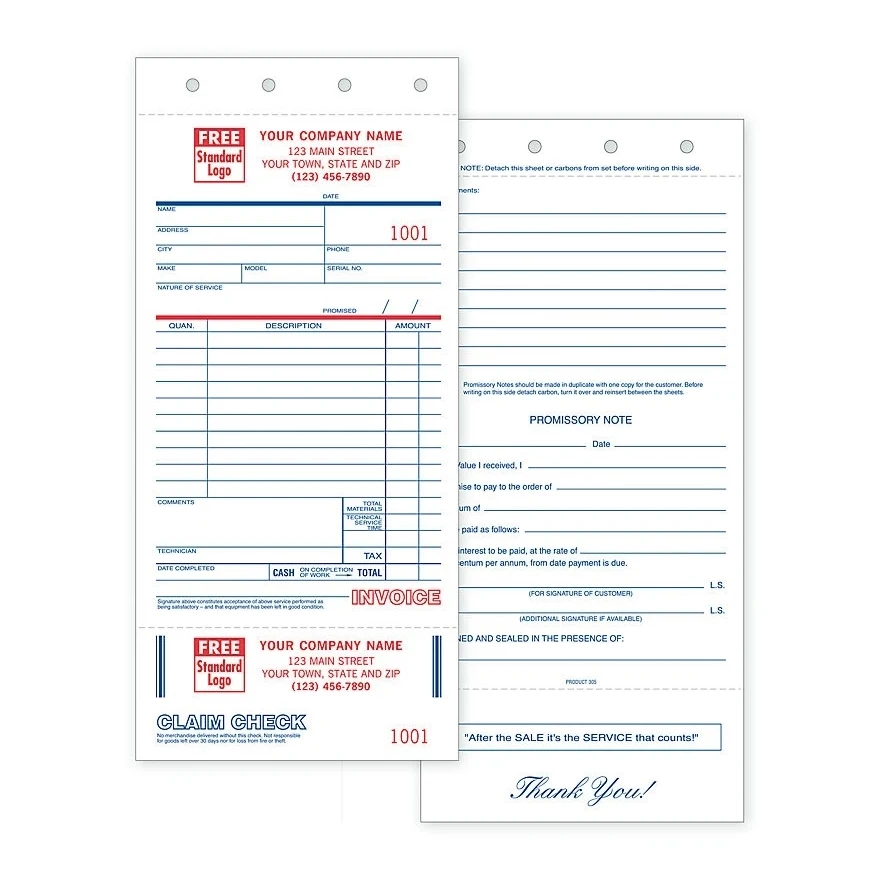 Service Order Forms with Claim Check And Carbons 1