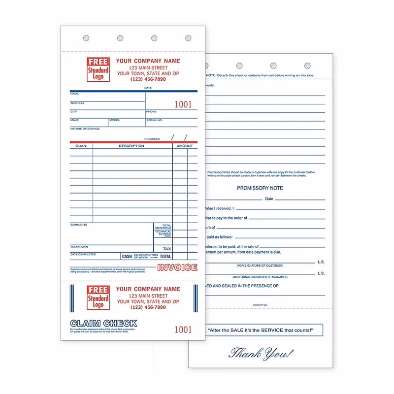 Service Order Forms with Claim Check And Carbons