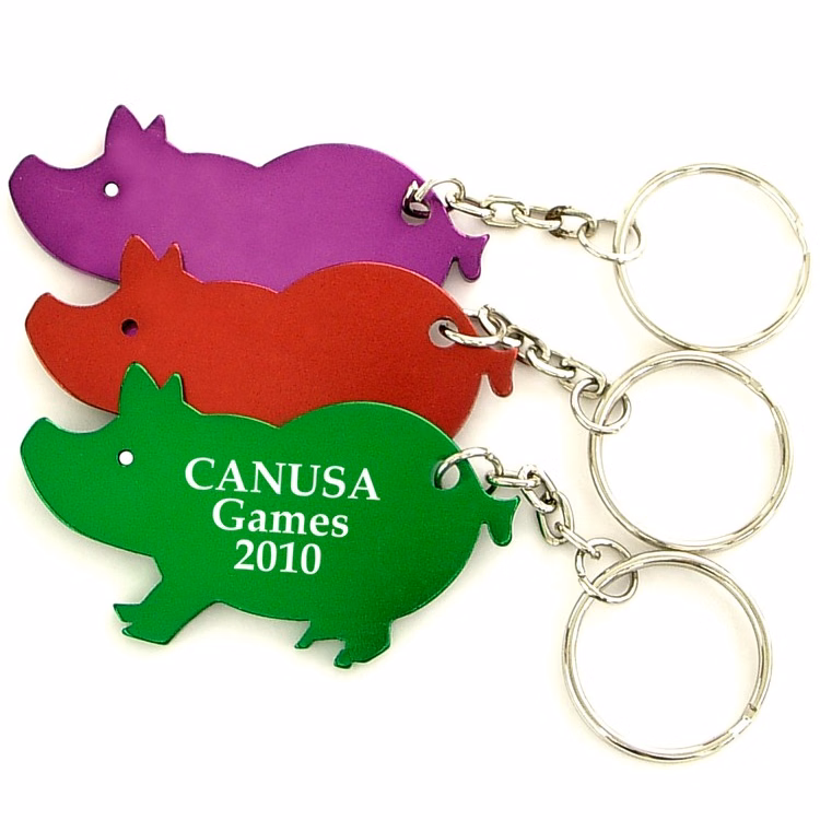 Pig shape bottle opener with key chain.