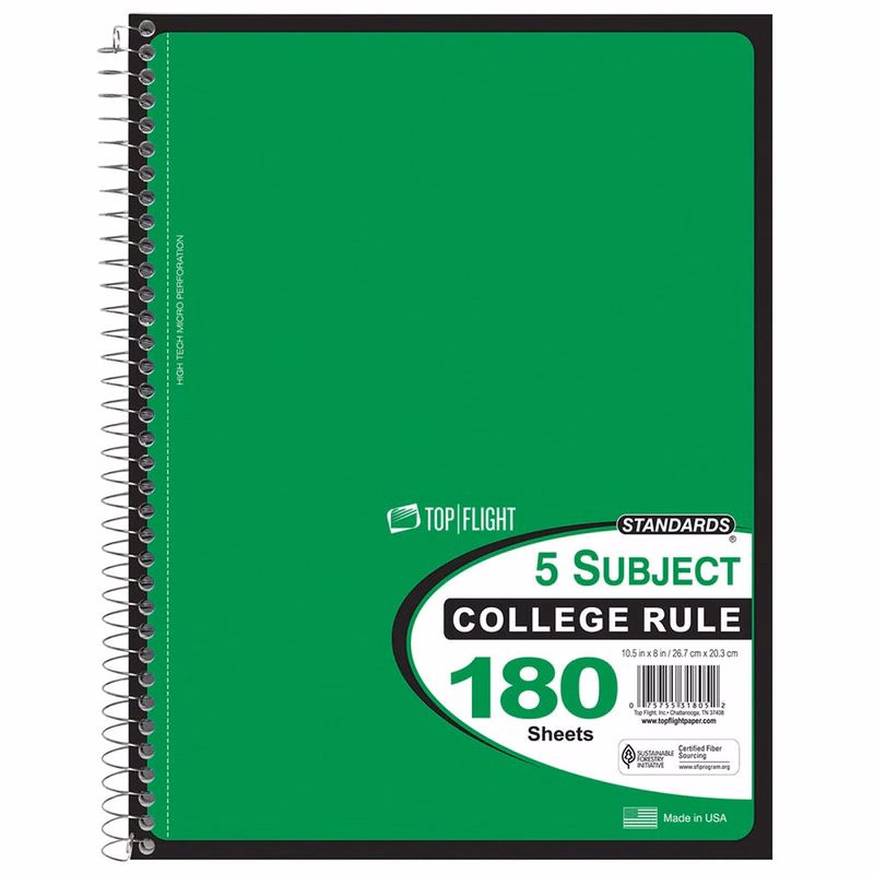 5 Subject Spiral Notebooks - College Ruled 180 Sheets 5 Colors
