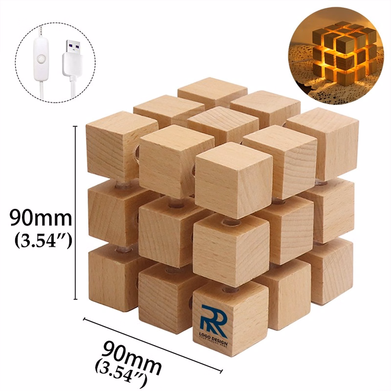 USB Plug Electric Rubik's Cube Wood Nightlight
