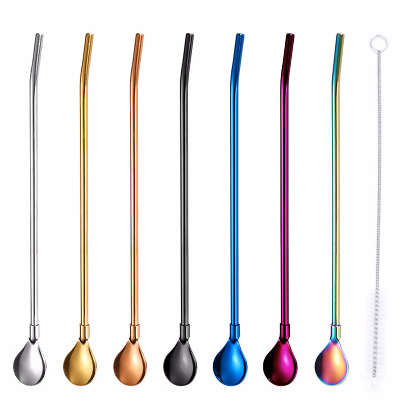 2-in-1 Reuseable Stainless Steel Straw and Spoon Set w/Cleaning Brush