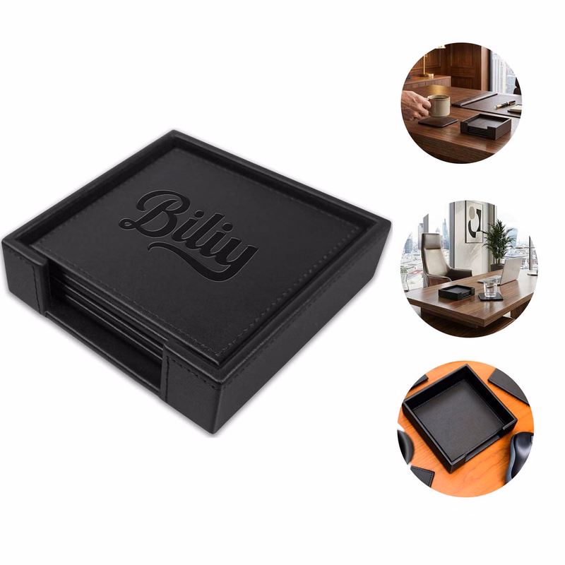 4-Piece Genuine Leather Square Coaster Set