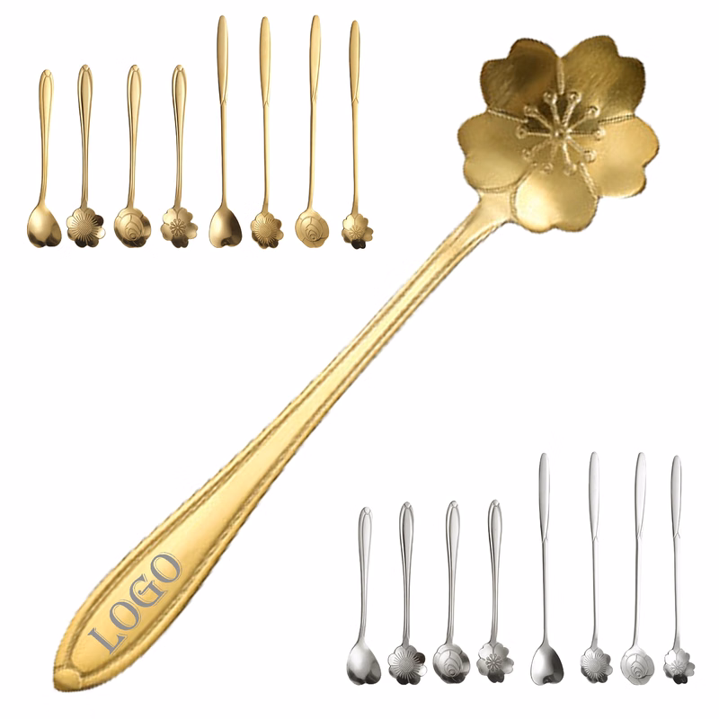 Golden stainless steel cherry blossom pattern coffee spoon
