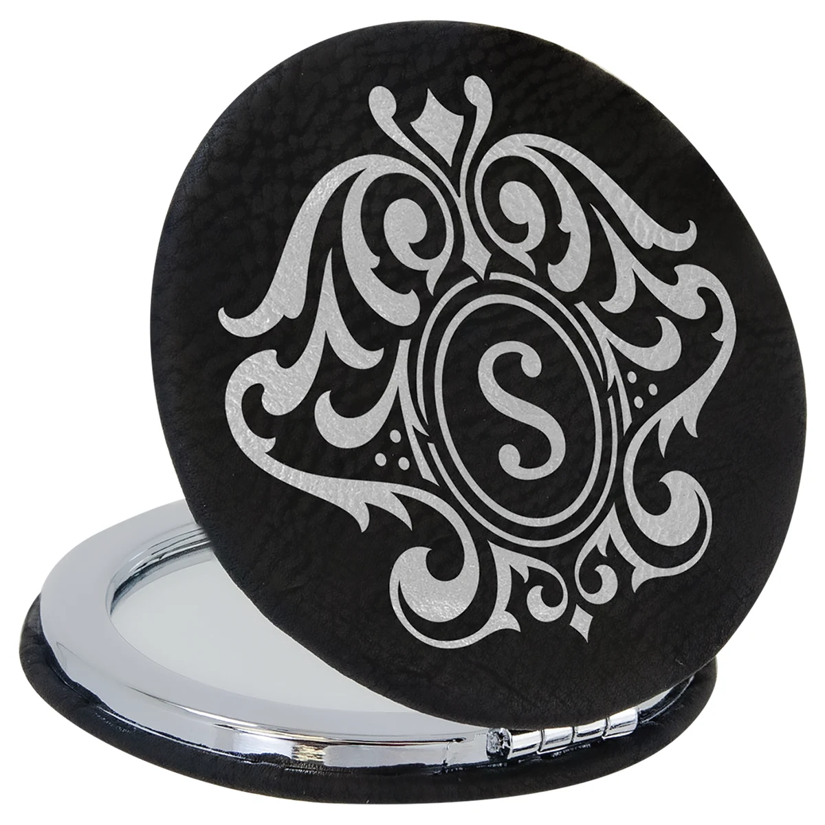 2 1/2" Black/Silver Leatherette Compact Mirror 1
