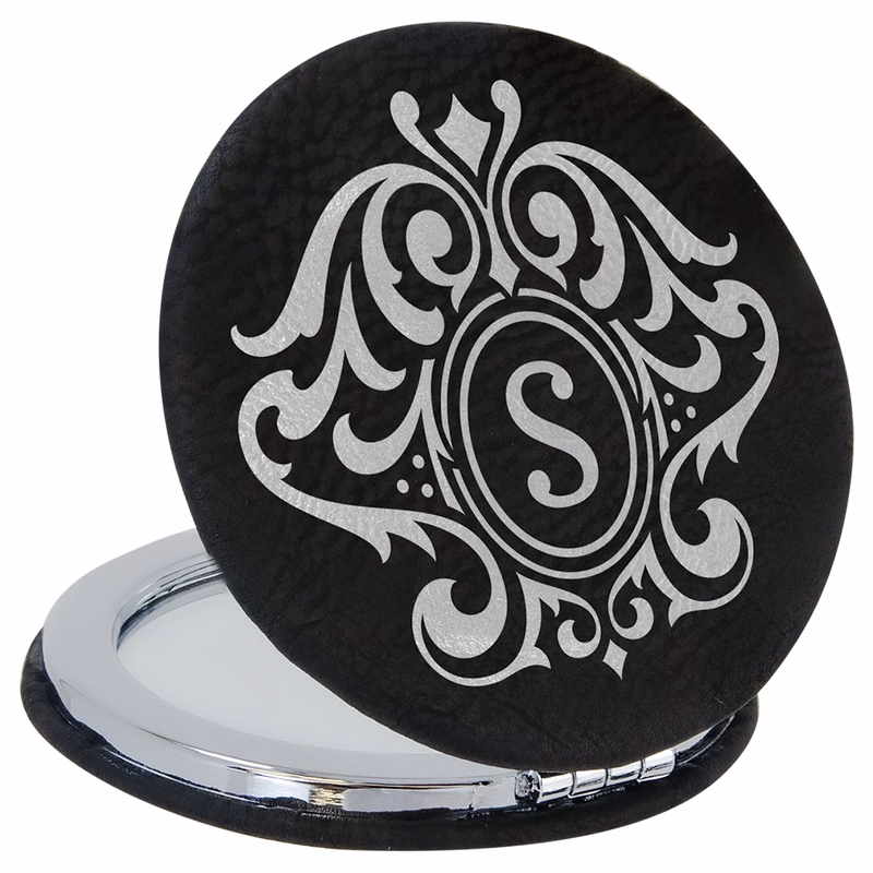 2 1/2" Black/Silver Leatherette Compact Mirror