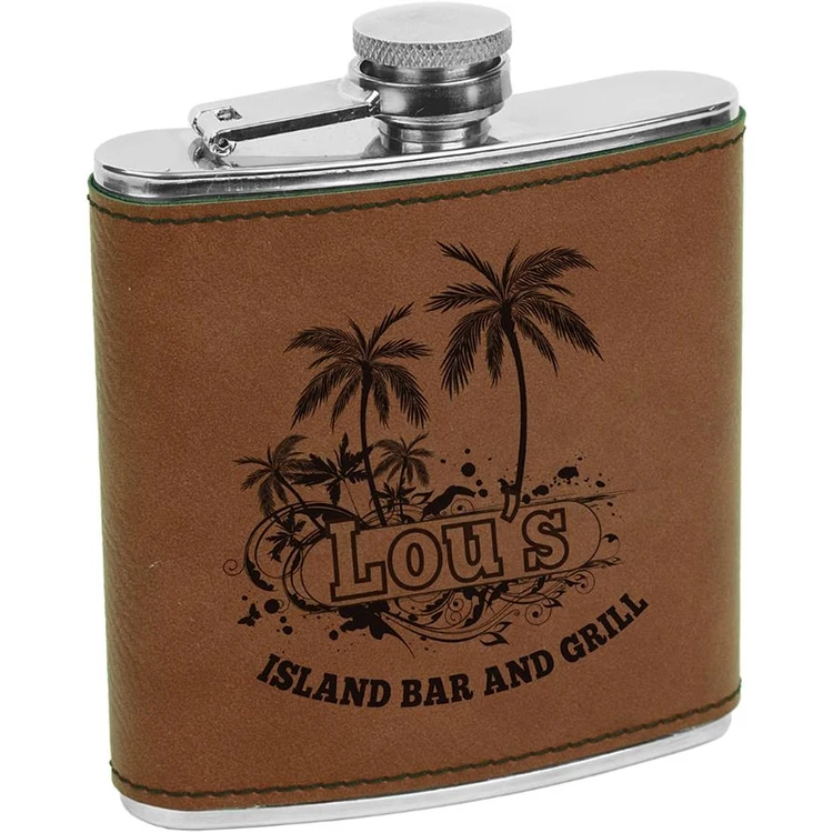 Laser Engraved Leatherette Covered Stainless Steel Flask - Dark Brown 1