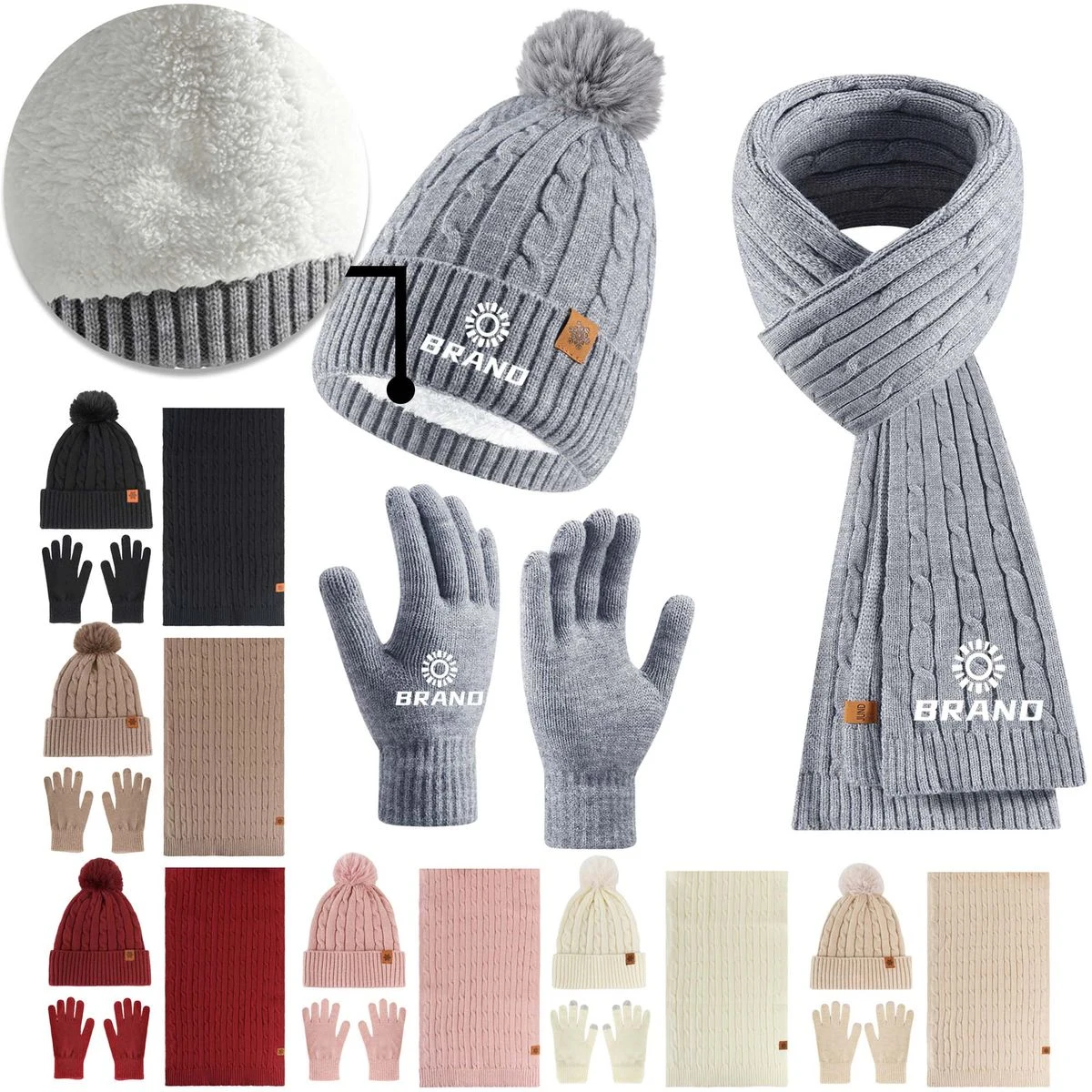 Winter Beanie Hat+ Scarf+Touch Screen Gloves Set 1