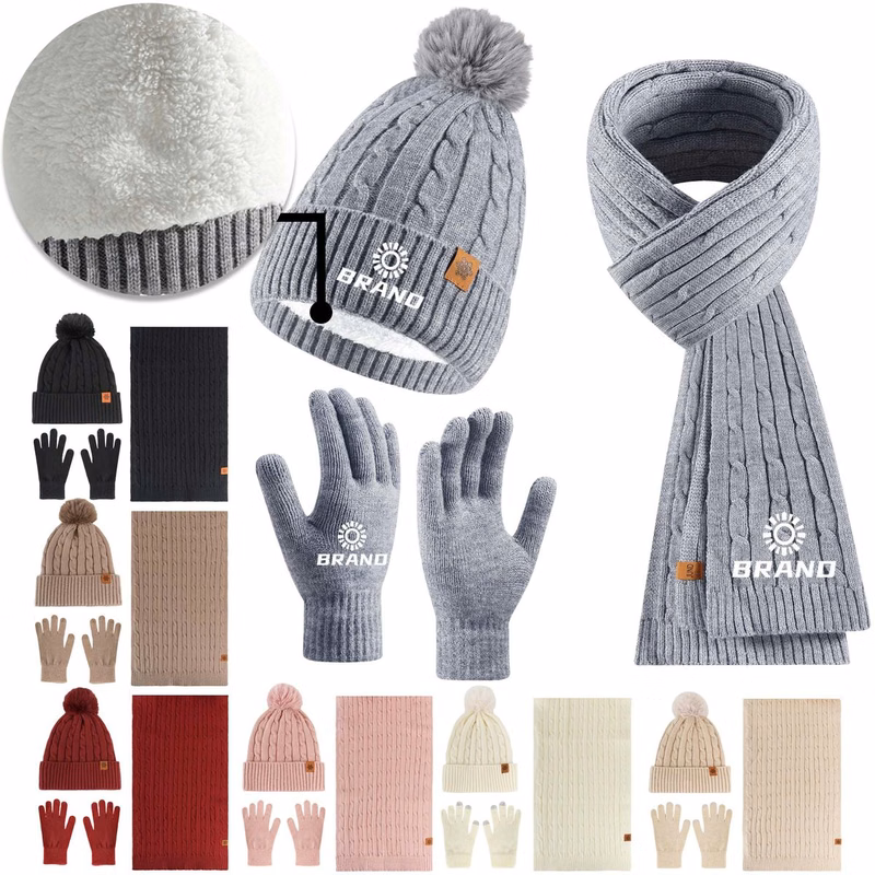 Winter Beanie Hat+ Scarf+Touch Screen Gloves Set