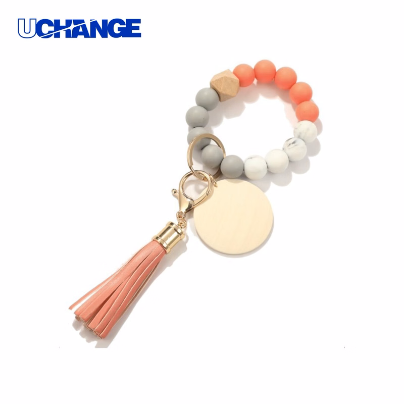 Silicone Bead Wood Bracelet Keychain