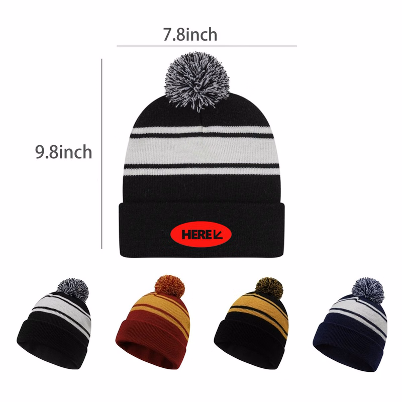Acrylic Contrasting Stripe Beanie With Poms