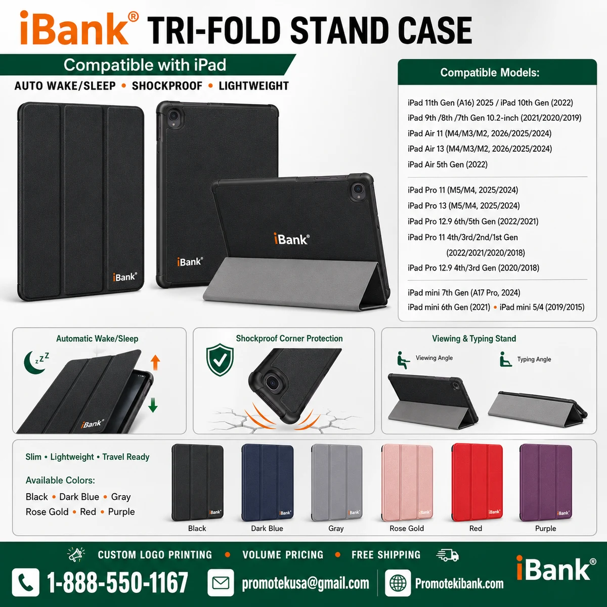 iBank® Tri-Fold Smart Stand Case for iPad, Auto Wake/Sleep, Shockproof, Lightweight 1