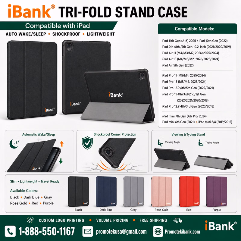 iBank® Tri-Fold Smart Stand Case for iPad, Auto Wake/Sleep, Shockproof, Lightweight