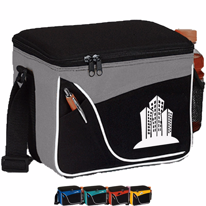 600D Two-Tone Insulated 6 Pack Cooler Bag w/ Front Pocket & Side Mesh (9" x 7" x 6")