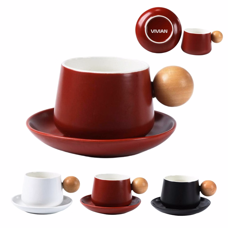 11oz Wooden Handle Ceramic Coffee Cup Saucer Gift Set
