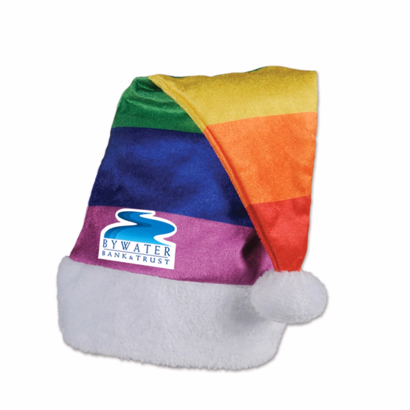 Rainbow Velvet Hat w/ Plush White Trim w/ Custom Shaped Heat Transfer