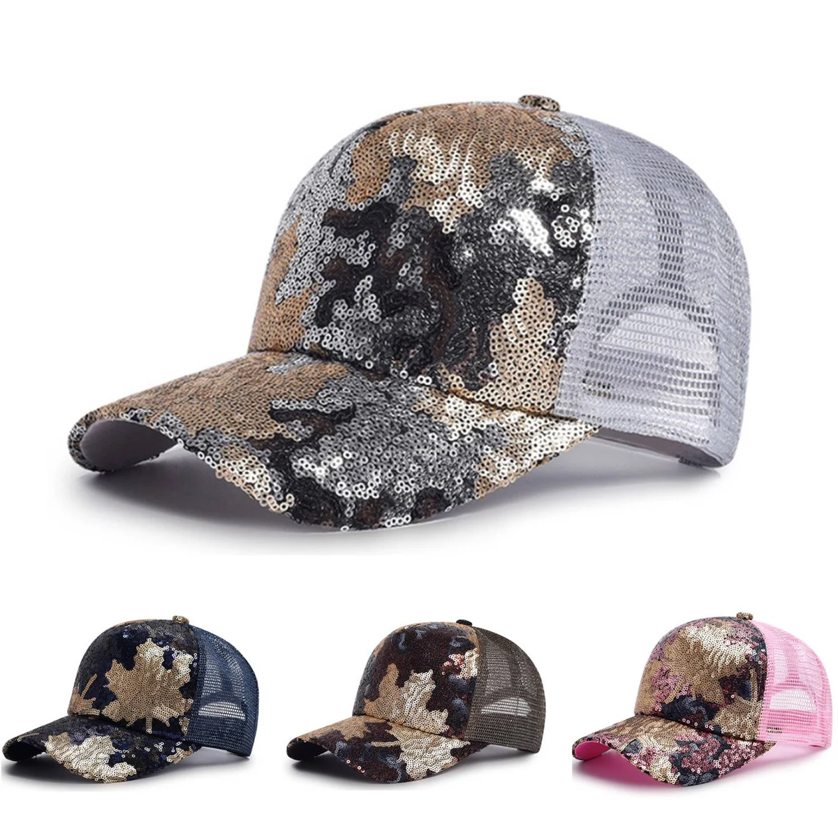 Women Summer Maple Leaf Sequins Shiny Baseball cap 1