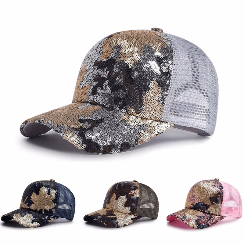 Women Summer Maple Leaf Sequins Shiny Baseball cap