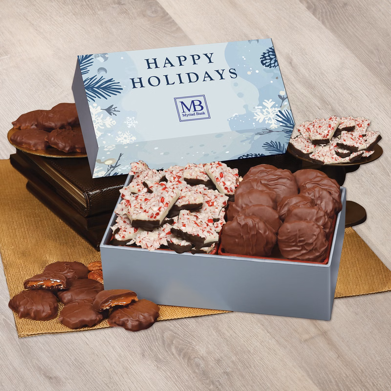 Peppermint Bark & Pecan Clusters in Gift Box with Happy Holidays Sleeve