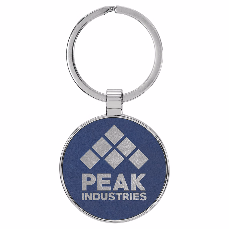 1 1/2" Leatherette/Metal Blue/Silver Round Keychain