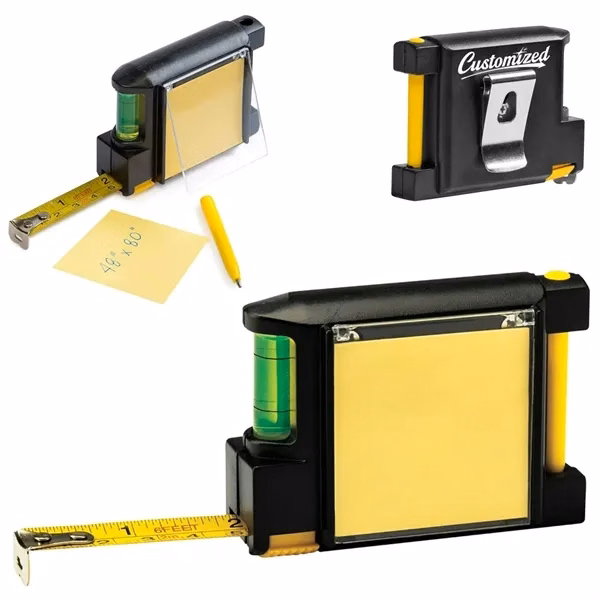 Custom Multi-Tool Tape Measure with Level, Pen and Sticky Notes — Jobsite Essential