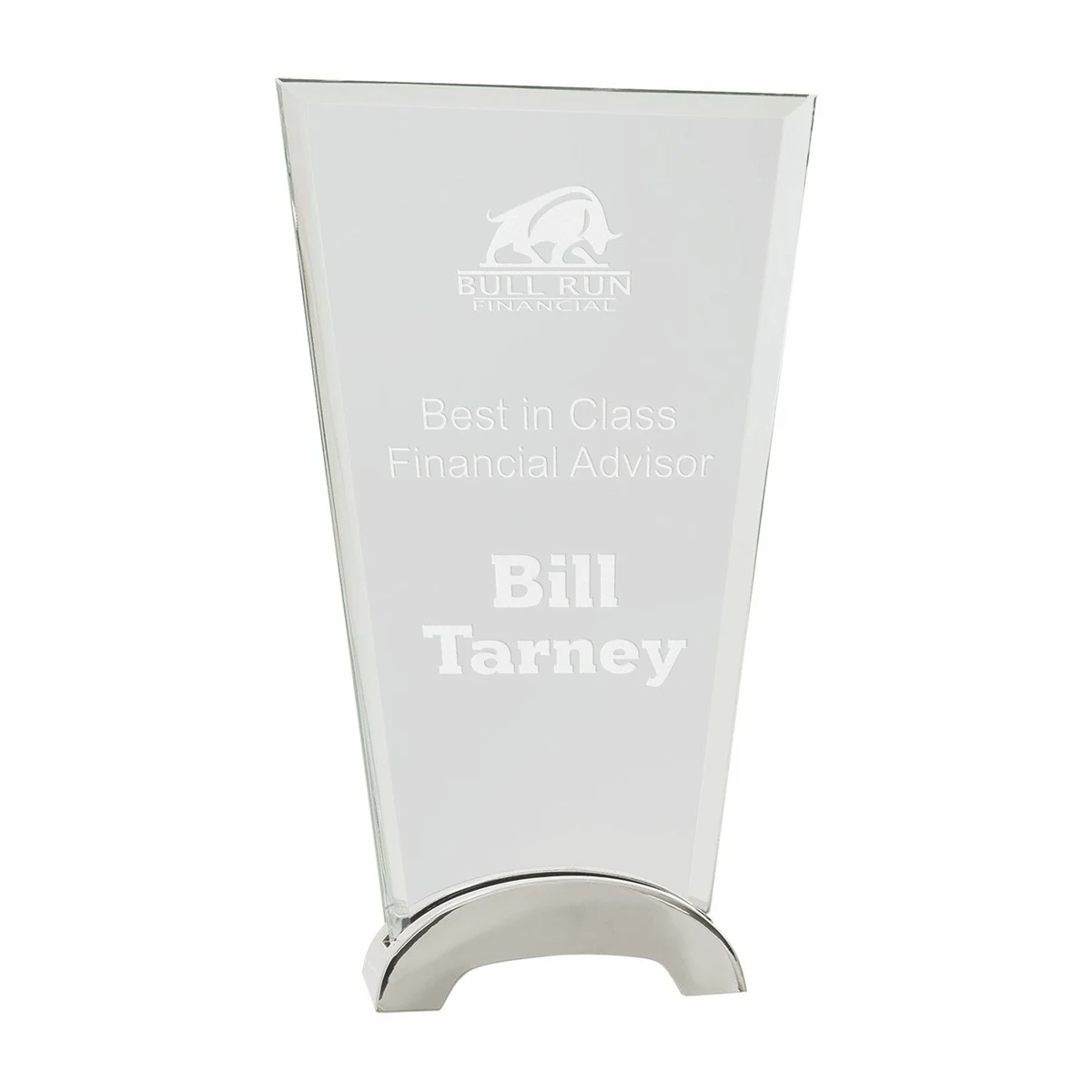 9 1/4" Clear Fan Platinum Glass Award w/ Arch Metal Base 1