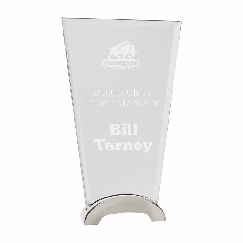 9 1/4" Clear Fan Platinum Glass Award w/ Arch Metal Base