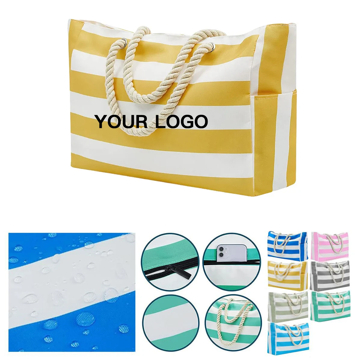 Canvas Beach Tote With Zipper And Open Pockets, custom tote bag with logo imprint 1