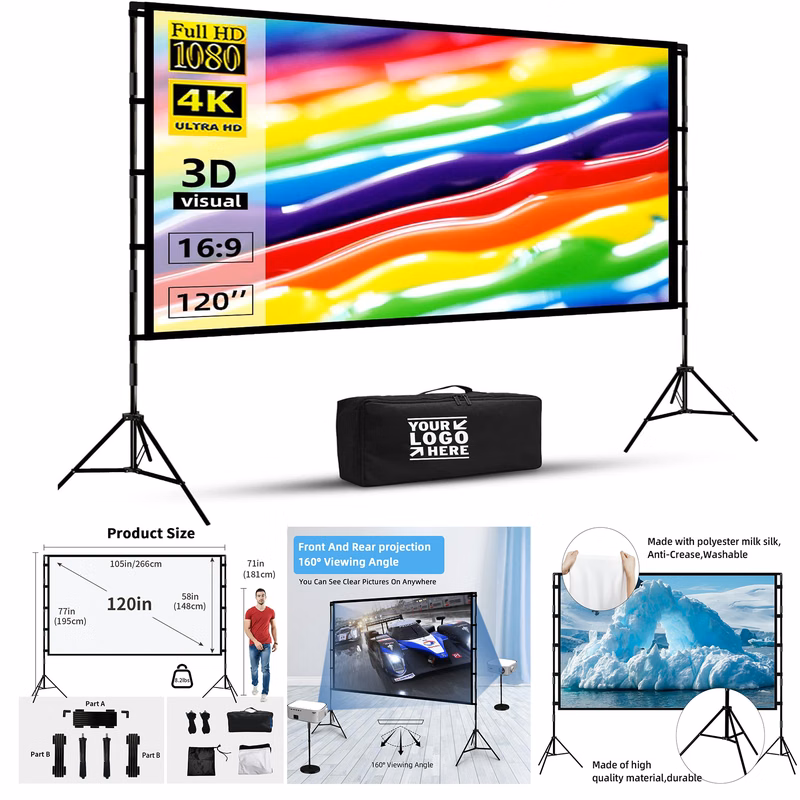 120 Inch Portable Lightweight Indoor Outdoor Backyard 16:9 4K HD Projector Screen, Stand  
