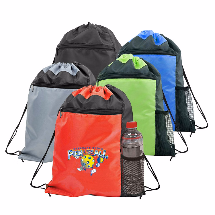 Color Block Drawstring Backpack w/Side Mesh Pocket