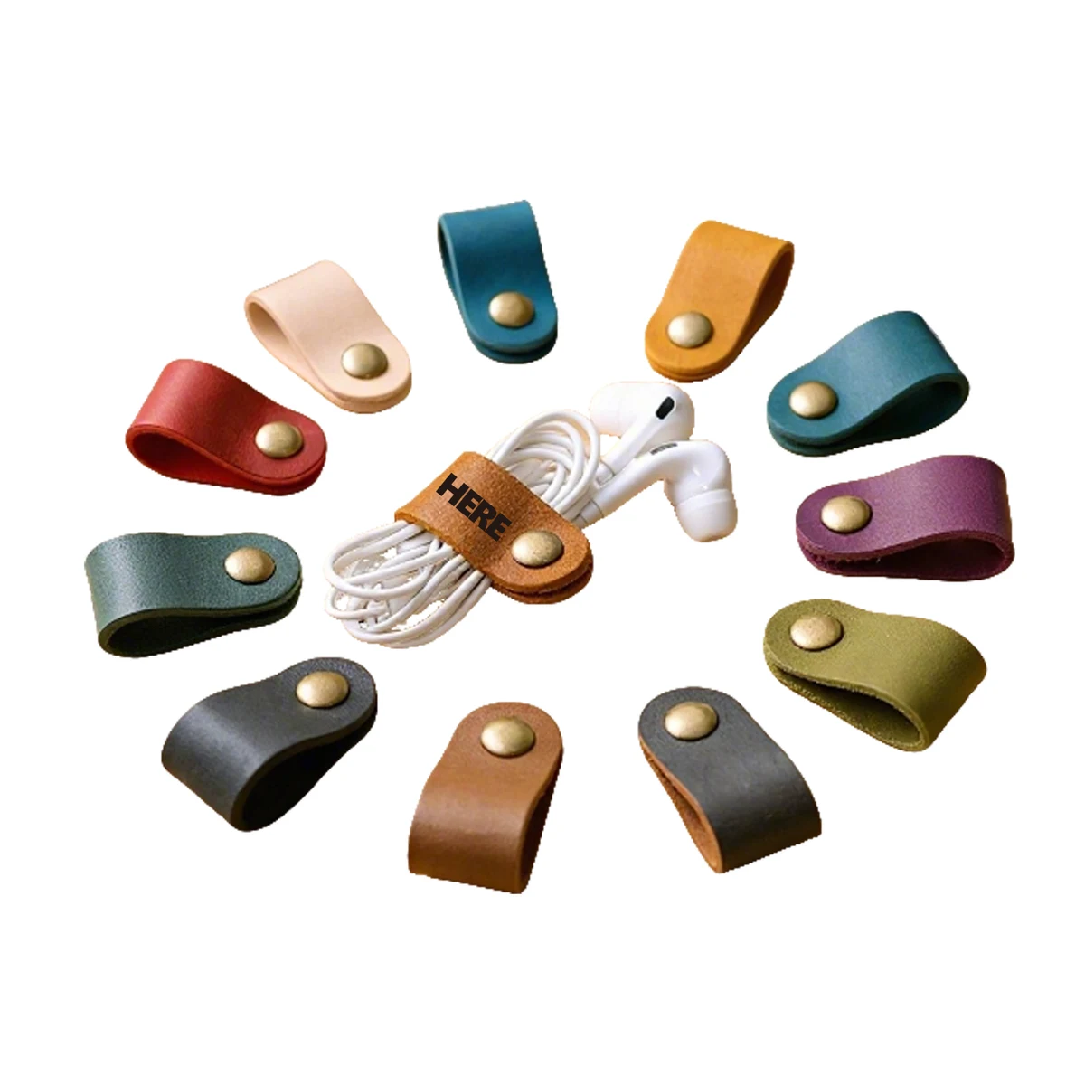 PU Leather Data Cable Organizer Earphone Cord Custom Logo Strap 1