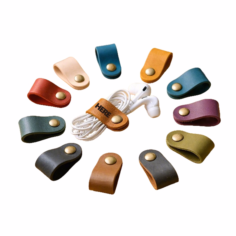 PU Leather Data Cable Organizer Earphone Cord Custom Logo Strap